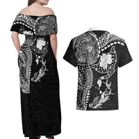 Hawaiian Manta Ray Tribal Couples Matching Off Shoulder Maxi Dress and Hawaiian Shirt Polynesian Art Motifs Black Color