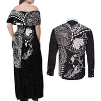 Hawaiian Manta Ray Tribal Couples Matching Off Shoulder Maxi Dress and Long Sleeve Button Shirt Polynesian Art Motifs Black Color