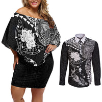 Hawaiian Manta Ray Tribal Couples Matching Off Shoulder Short Dress and Long Sleeve Button Shirt Polynesian Art Motifs Black Color LT03 Black - Polynesian Pride
