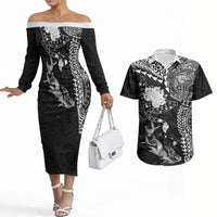 Hawaiian Manta Ray Tribal Couples Matching Off The Shoulder Long Sleeve Dress and Hawaiian Shirt Polynesian Art Motifs Black Color LT03 Black - Polynesian Pride