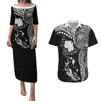 Hawaiian Manta Ray Tribal Couples Matching Puletasi and Hawaiian Shirt Polynesian Art Motifs Black Color LT03 Black - Polynesian Pride