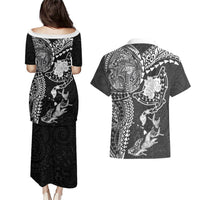 Hawaiian Manta Ray Tribal Couples Matching Puletasi and Hawaiian Shirt Polynesian Art Motifs Black Color LT03 - Polynesian Pride