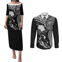 Hawaiian Manta Ray Tribal Couples Matching Puletasi and Long Sleeve Button Shirt Polynesian Art Motifs Black Color LT03 Black - Polynesian Pride