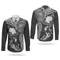 Hawaiian Manta Ray Tribal Couples Matching Puletasi and Long Sleeve Button Shirt Polynesian Art Motifs Black Color LT03 - Polynesian Pride