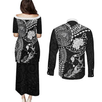 Hawaiian Manta Ray Tribal Couples Matching Puletasi and Long Sleeve Button Shirt Polynesian Art Motifs Black Color