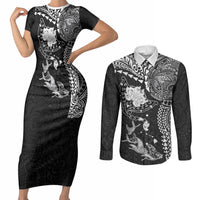 Hawaiian Manta Ray Tribal Couples Matching Short Sleeve Bodycon Dress and Long Sleeve Button Shirt Polynesian Art Motifs Black Color LT03 Black - Polynesian Pride