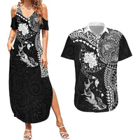 Hawaiian Manta Ray Tribal Couples Matching Summer Maxi Dress and Hawaiian Shirt Polynesian Art Motifs Black Color LT03 Black - Polynesian Pride