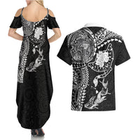 Hawaiian Manta Ray Tribal Couples Matching Summer Maxi Dress and Hawaiian Shirt Polynesian Art Motifs Black Color