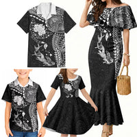 Hawaiian Manta Ray Tribal Family Matching Mermaid Dress and Hawaiian Shirt Polynesian Art Motifs Black Color LT03 - Polynesian Pride