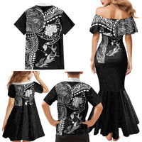 Hawaiian Manta Ray Tribal Family Matching Mermaid Dress and Hawaiian Shirt Polynesian Art Motifs Black Color