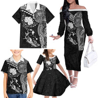 Hawaiian Manta Ray Tribal Family Matching Off The Shoulder Long Sleeve Dress and Hawaiian Shirt Polynesian Art Motifs Black Color LT03 - Polynesian Pride