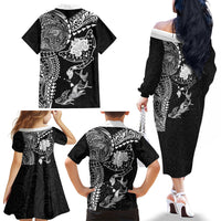 Hawaiian Manta Ray Tribal Family Matching Off The Shoulder Long Sleeve Dress and Hawaiian Shirt Polynesian Art Motifs Black Color LT03 Mom's Dress Black - Polynesian Pride