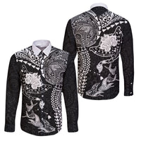 Hawaiian Manta Ray Tribal Family Matching Off The Shoulder Long Sleeve Dress and Hawaiian Shirt Polynesian Art Motifs Black Color LT03 Dad's Shirt - Long Sleeve Black - Polynesian Pride