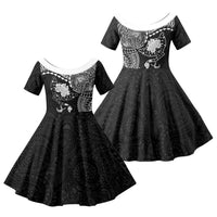 Hawaiian Manta Ray Tribal Family Matching Off The Shoulder Long Sleeve Dress and Hawaiian Shirt Polynesian Art Motifs Black Color LT03 Daughter's Dress Black - Polynesian Pride