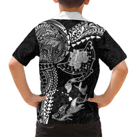 Hawaiian Manta Ray Tribal Family Matching Off Shoulder Maxi Dress and Hawaiian Shirt Polynesian Art Motifs Black Color