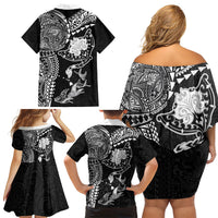 Hawaiian Manta Ray Tribal Family Matching Off Shoulder Short Dress and Hawaiian Shirt Polynesian Art Motifs Black Color