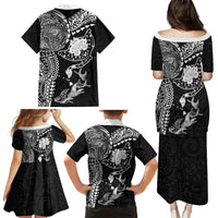 Hawaiian Manta Ray Tribal Family Matching Puletasi and Hawaiian Shirt Polynesian Art Motifs Black Color