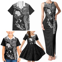 Hawaiian Manta Ray Tribal Family Matching Tank Maxi Dress and Hawaiian Shirt Polynesian Art Motifs Black Color LT03 - Polynesian Pride
