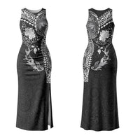 Hawaiian Manta Ray Tribal Family Matching Tank Maxi Dress and Hawaiian Shirt Polynesian Art Motifs Black Color LT03 Mom's Dress Black - Polynesian Pride
