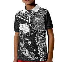Hawaiian Manta Ray Tribal Kid Polo Shirt Polynesian Art Motifs Black Color