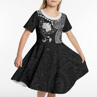 Hawaiian Manta Ray Tribal Kid Short Sleeve Dress Polynesian Art Motifs Black Color LT03 - Polynesian Pride