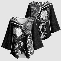 Hawaiian Manta Ray Tribal Kimono Sleeve Blouse Polynesian Art Motifs Black Color LT03 - Polynesian Pride