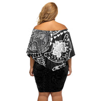 Hawaiian Manta Ray Tribal Off Shoulder Short Dress Polynesian Art Motifs Black Color LT03 - Polynesian Pride