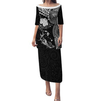 Hawaiian Manta Ray Tribal Puletasi Polynesian Art Motifs Black Color LT03 Long Dress Black - Polynesian Pride