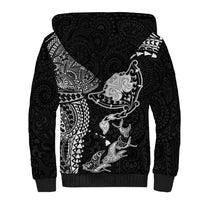 Hawaiian Manta Ray Tribal Sherpa Hoodie Polynesian Art Motifs Black Color