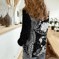 Hawaiian Manta Ray Tribal Women Casual Shirt Polynesian Art Motifs Black Color