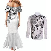 Hawaiian Manta Ray Tribal Couples Matching Mermaid Dress and Long Sleeve Button Shirt Polynesian Art Motifs White Color