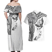 Hawaiian Manta Ray Tribal Couples Matching Off Shoulder Maxi Dress and Hawaiian Shirt Polynesian Art Motifs White Color LT03 - Polynesian Pride