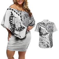 Hawaiian Manta Ray Tribal Couples Matching Off Shoulder Short Dress and Hawaiian Shirt Polynesian Art Motifs White Color LT03 White - Polynesian Pride