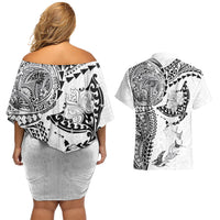 Hawaiian Manta Ray Tribal Couples Matching Off Shoulder Short Dress and Hawaiian Shirt Polynesian Art Motifs White Color LT03 - Polynesian Pride