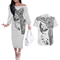 Hawaiian Manta Ray Tribal Couples Matching Off The Shoulder Long Sleeve Dress and Hawaiian Shirt Polynesian Art Motifs White Color LT03 White - Polynesian Pride