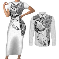Hawaiian Manta Ray Tribal Couples Matching Short Sleeve Bodycon Dress and Long Sleeve Button Shirt Polynesian Art Motifs White Color LT03 White - Polynesian Pride