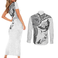 Hawaiian Manta Ray Tribal Couples Matching Short Sleeve Bodycon Dress and Long Sleeve Button Shirt Polynesian Art Motifs White Color LT03 - Polynesian Pride