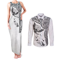 Hawaiian Manta Ray Tribal Couples Matching Tank Maxi Dress and Long Sleeve Button Shirt Polynesian Art Motifs White Color LT03 White - Polynesian Pride