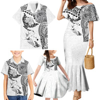 Hawaiian Manta Ray Tribal Family Matching Mermaid Dress and Hawaiian Shirt Polynesian Art Motifs White Color