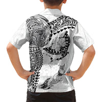 Hawaiian Manta Ray Tribal Family Matching Off Shoulder Maxi Dress and Hawaiian Shirt Polynesian Art Motifs White Color