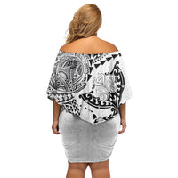 Hawaiian Manta Ray Tribal Family Matching Off Shoulder Short Dress and Hawaiian Shirt Polynesian Art Motifs White Color
