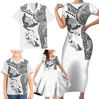 Hawaiian Manta Ray Tribal Family Matching Short Sleeve Bodycon Dress and Hawaiian Shirt Polynesian Art Motifs White Color