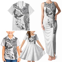 Hawaiian Manta Ray Tribal Family Matching Tank Maxi Dress and Hawaiian Shirt Polynesian Art Motifs White Color LT03 - Polynesian Pride