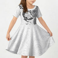 Hawaiian Manta Ray Tribal Kid Short Sleeve Dress Polynesian Art Motifs White Color LT03 KID White - Polynesian Pride
