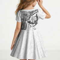 Hawaiian Manta Ray Tribal Kid Short Sleeve Dress Polynesian Art Motifs White Color LT03 - Polynesian Pride