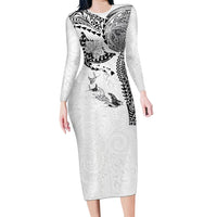 Hawaiian Manta Ray Tribal Long Sleeve Bodycon Dress Polynesian Art Motifs White Color LT03 Long Dress White - Polynesian Pride