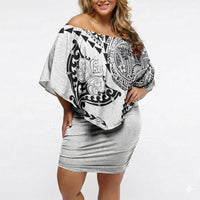 Hawaiian Manta Ray Tribal Off Shoulder Short Dress Polynesian Art Motifs White Color LT03 Women White - Polynesian Pride