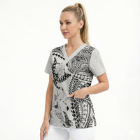 Hawaiian Manta Ray Tribal Scrub Top Polynesian Art Motifs White Color