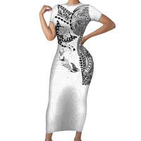 Hawaiian Manta Ray Tribal Short Sleeve Bodycon Dress Polynesian Art Motifs White Color LT03 Long Dress White - Polynesian Pride