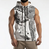 Hawaiian Manta Ray Tribal Sleeveless Zip Hoodie Polynesian Art Motifs White Color